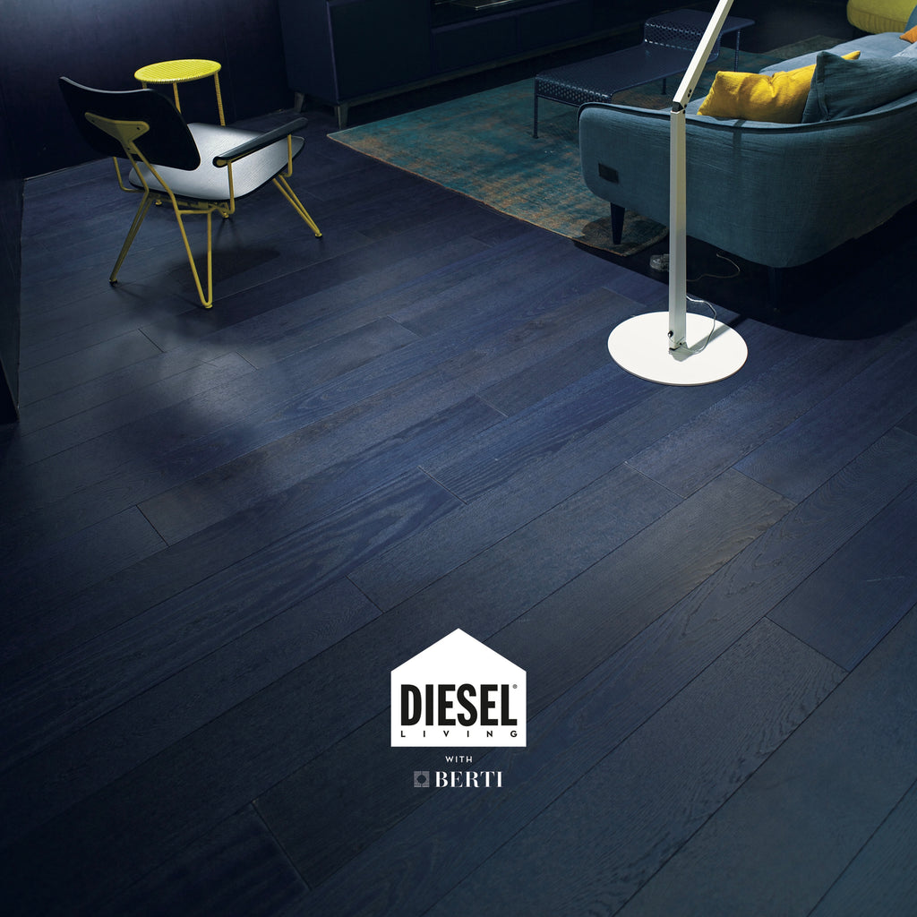 Indigo Blue Oak wooden floor with a lamp and furniture in a room, featuring the Diesel with Berti logo.