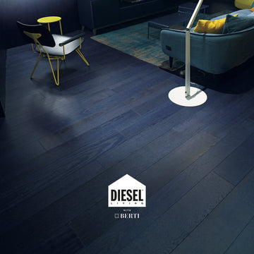 Indigo Blue Oak wooden floor with a lamp and furniture in a room, featuring the Diesel with Berti logo.