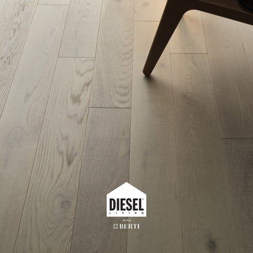 Light grey oak parquet flooring from Diesel Living with Berti, showcasing industrial style and refined texture.
