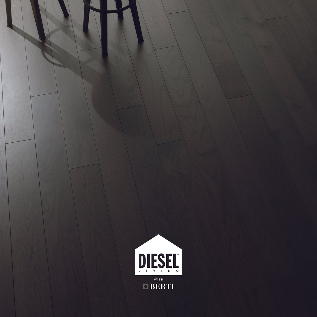 Washed Black Oak Flooring by Diesel Living with Berti, showcasing rich charcoal-grey tones and a brushed finish.