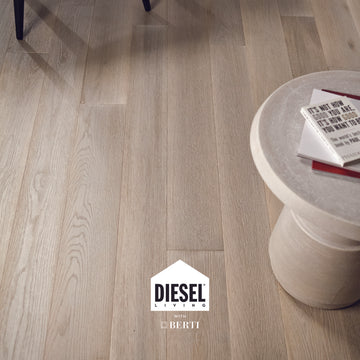 Light grey bleached oak flooring by Diesel Living and Berti, showcasing modern warmth and elegance in a minimalistic setting.