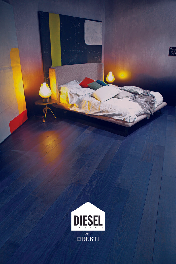 Diesel Living True Indigo Flooring by Berti at Mister Mann Australia. Blue tones on Italian oak flooring representing Diesels denim DNA 