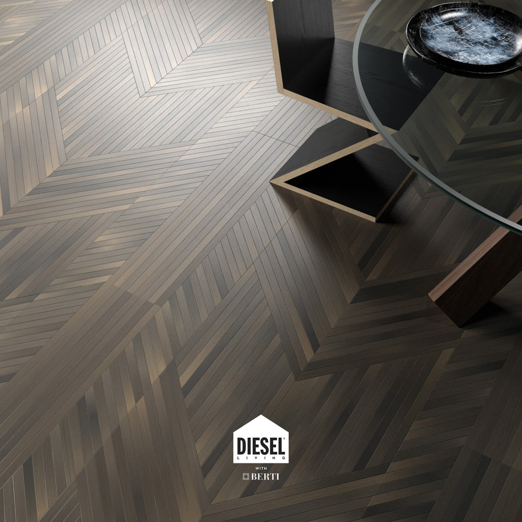 Chevron Ebony flooring by Diesel Living, showcasing a sophisticated herringbone pattern, ideal for stylish interiors.