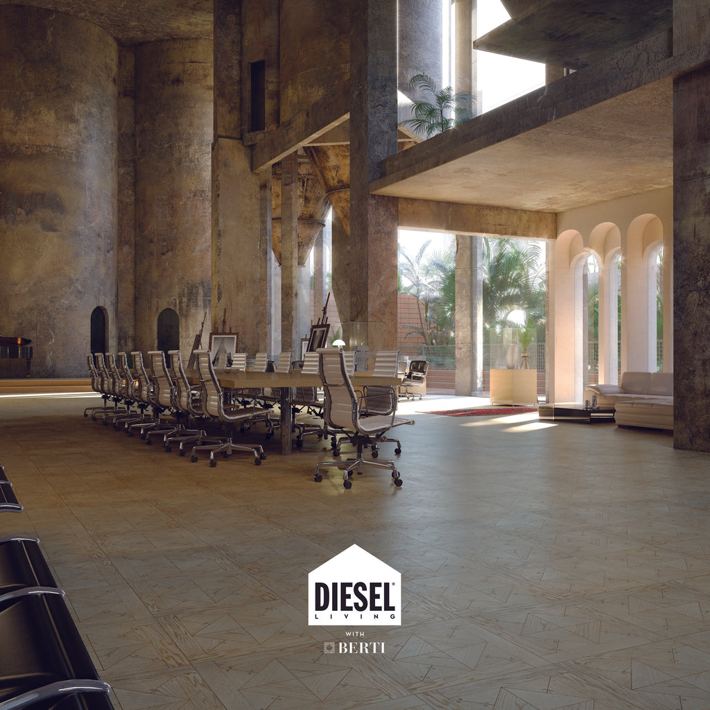 Diesel Living by Berti's Stud Grey Light Parquet flooring in modern office setting with elegant decor.
