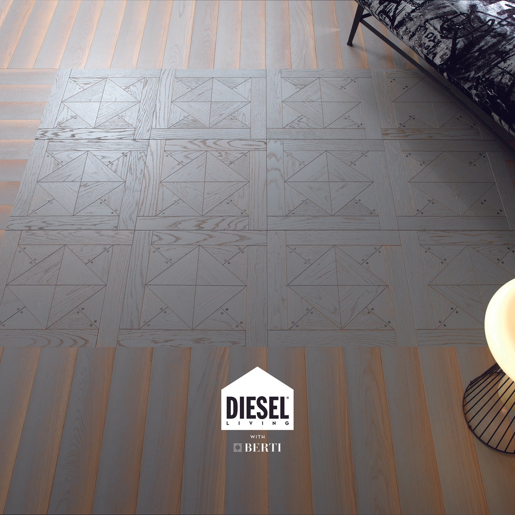 Stud Grey Light Parquet by Diesel Living, showcasing elegant oak tiles with stud motifs in a modern interior setting.