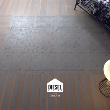 Stud Grey Light Parquet by Diesel Living, showcasing elegant oak tiles with stud motifs in a modern interior setting.