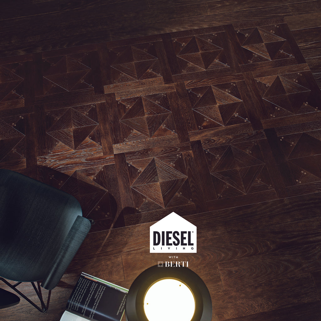 Stud Oak Dark Parquet tiles by Diesel Living × Berti, featuring rich brown tones and unique patterns.