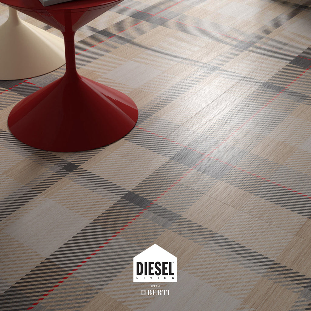 Stylish Tartan Wood Grey flooring featuring a modern checkered design, complementing a red and cream minimalist chair.
